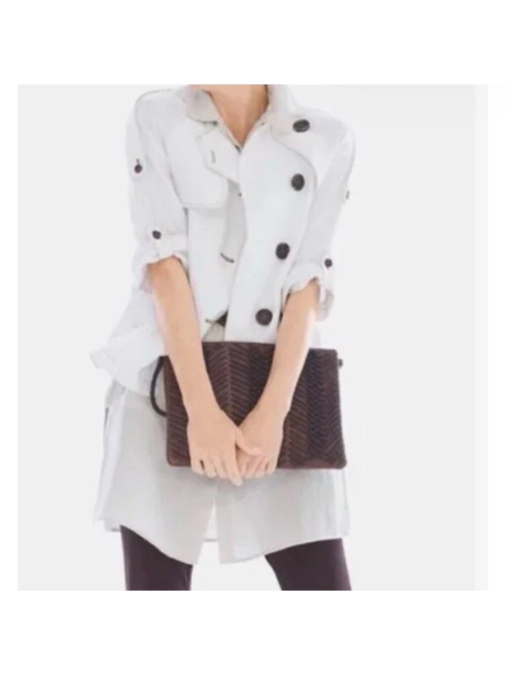 Chico's Linen Utility Jacket Small Ivory Contrast Stitch Roll Tab Trench Coastal